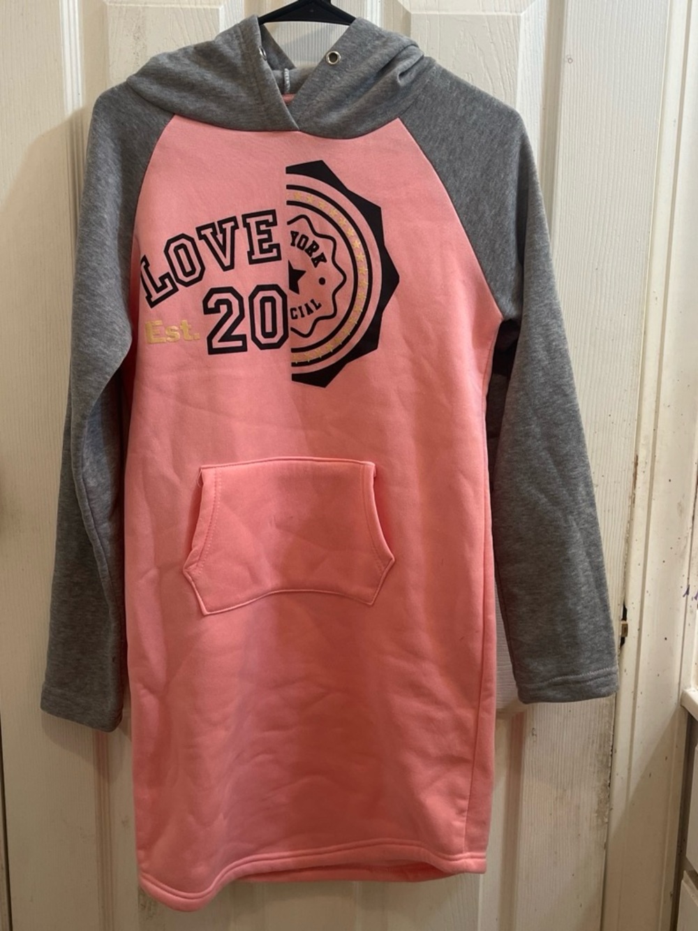 Girls' Pink and Gray Hooded Pullover Dress - LOVE 20 Graphic